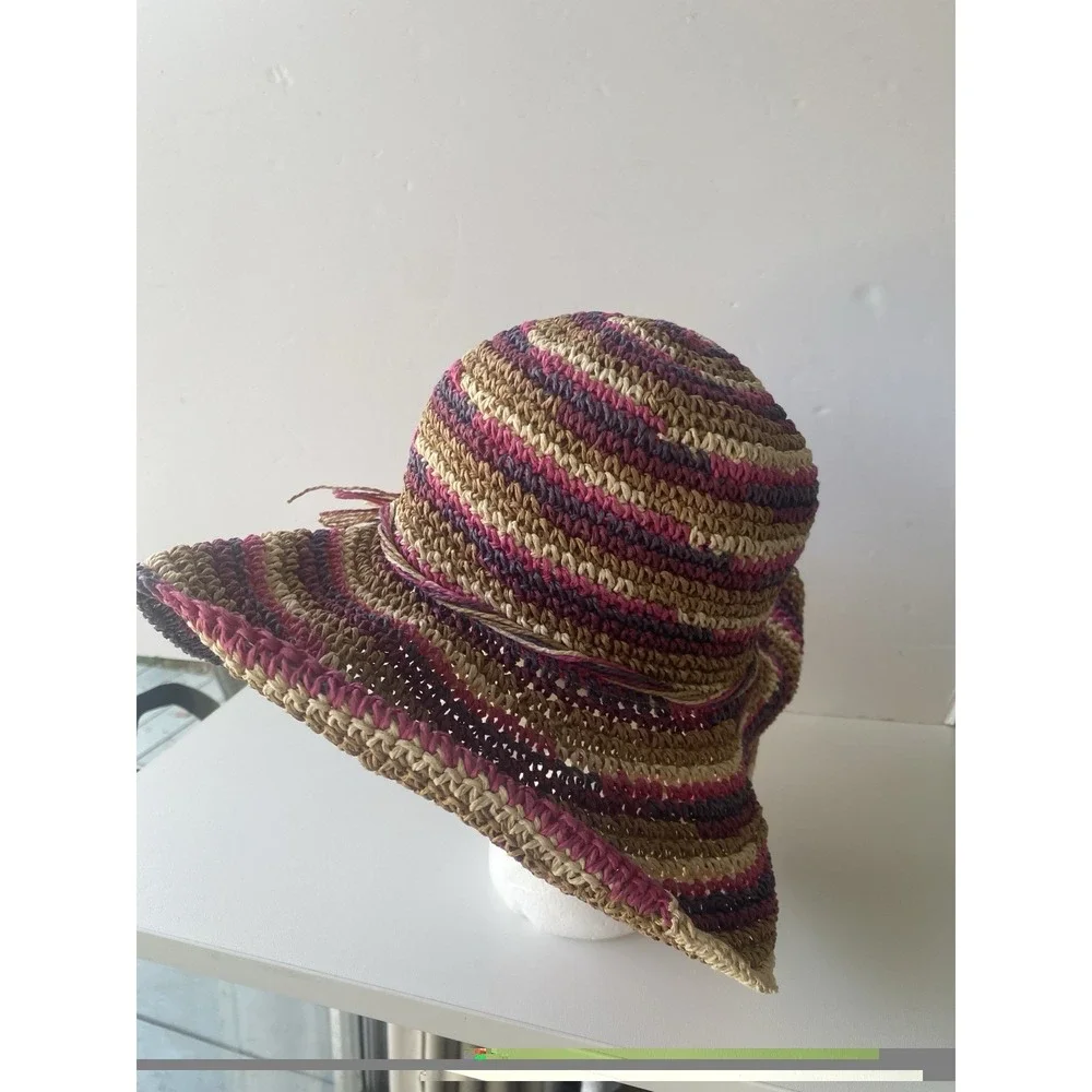 A New Day Striped Paper Straw‎ Sun Hat Wide Brim Boho Beach Crochet OSFM